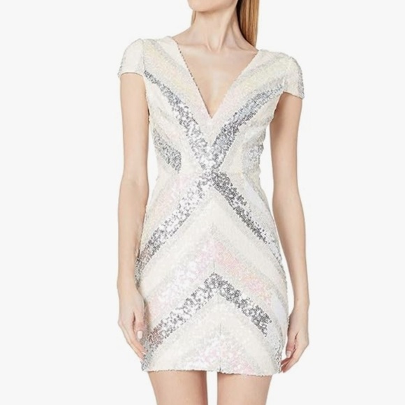 Dress the Population Zoe White Silver Sequin Deep V Cap Sleeve Dress Size Large - Picture 13 of 14